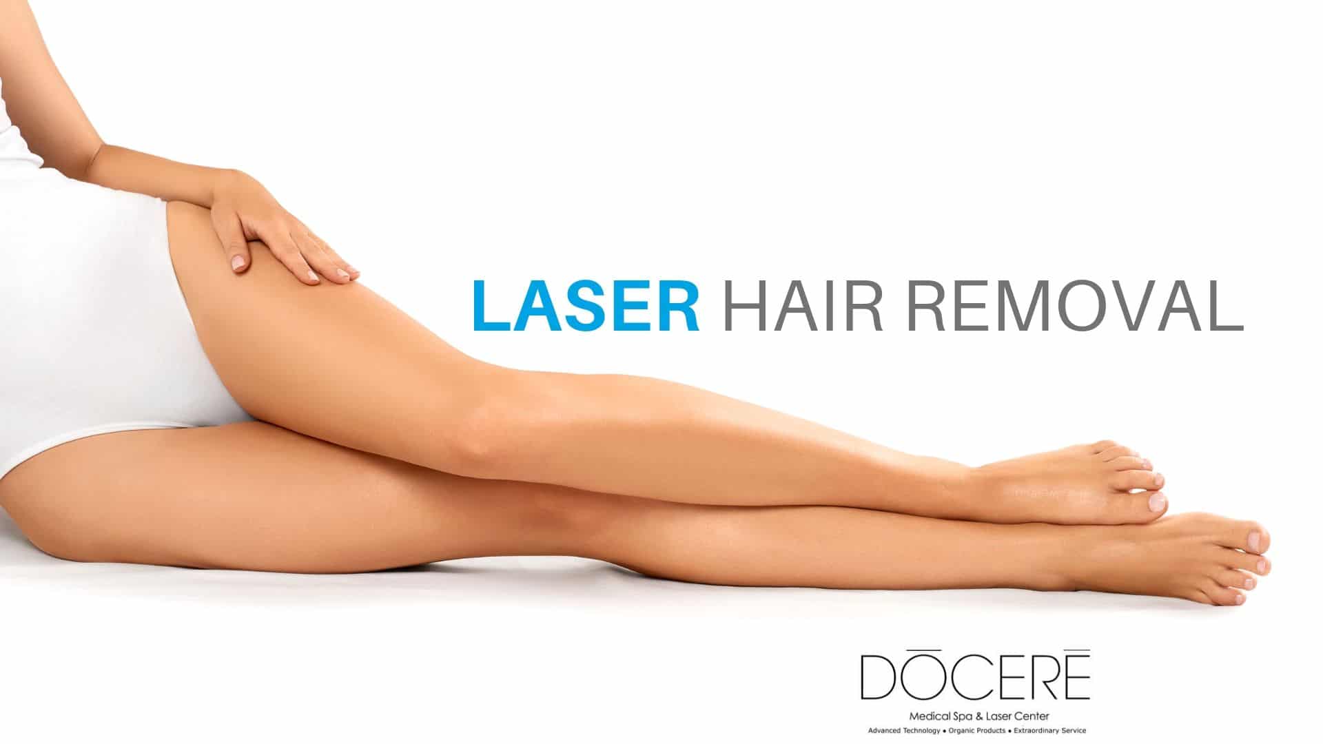 Woman laying on her side showing her smooth legs after laser hair removal treatment at Docere Medspa.