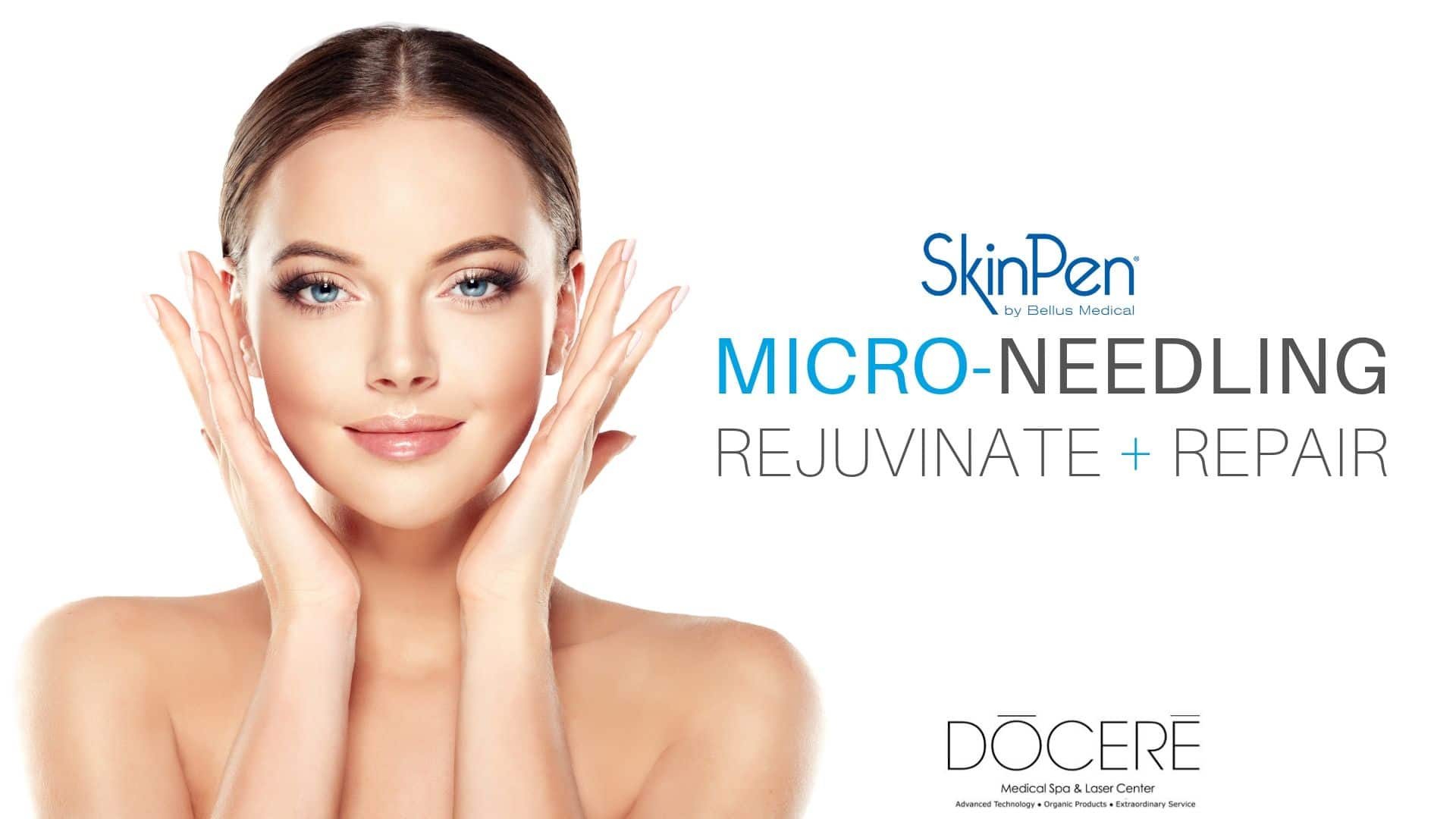 Woman smiling and framing her clear and smooth skin after skinpen microneedling at docere medspa.