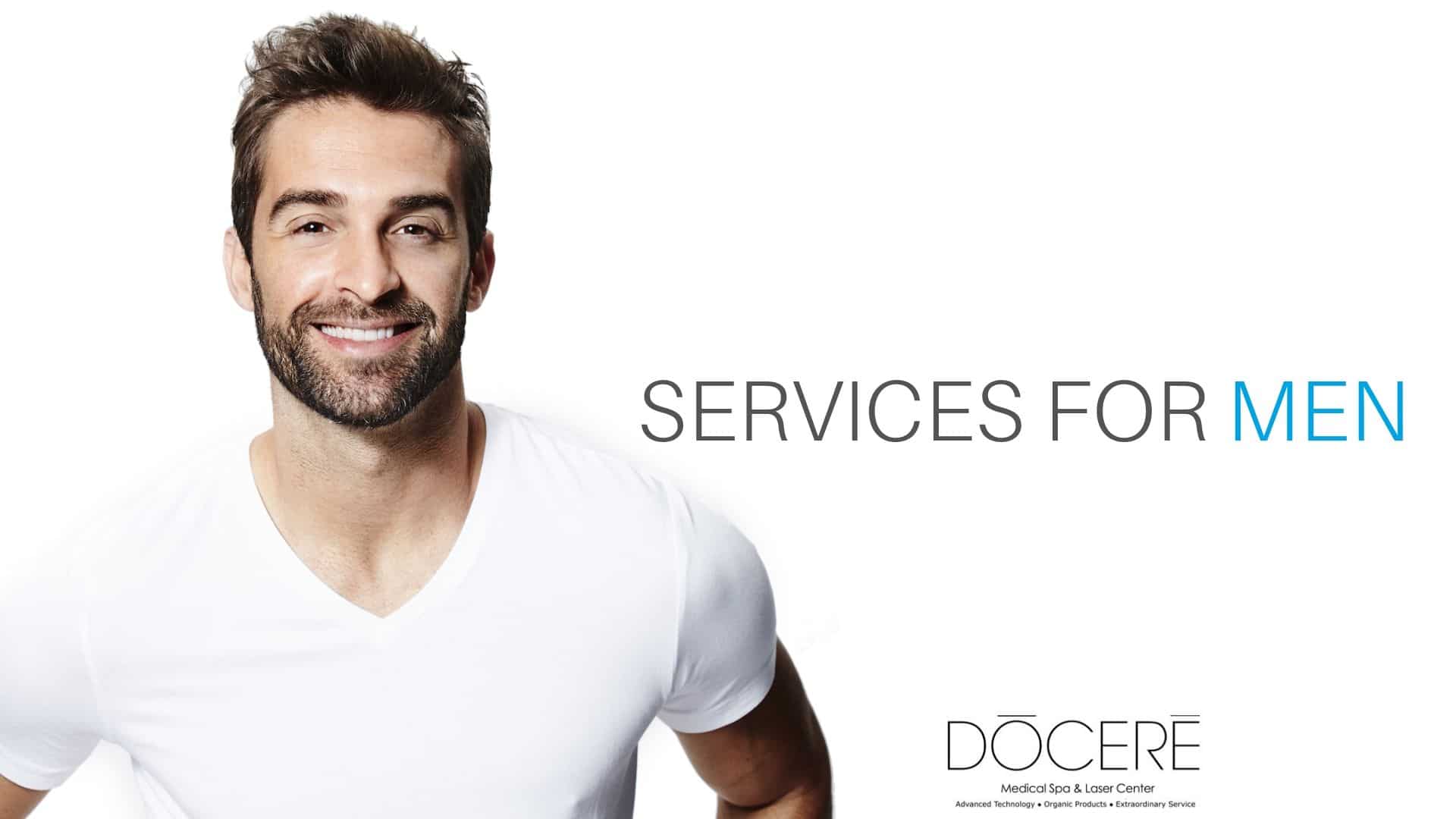 Man smiling in white t-shirt after his services for men treatment at Docere Medspa.