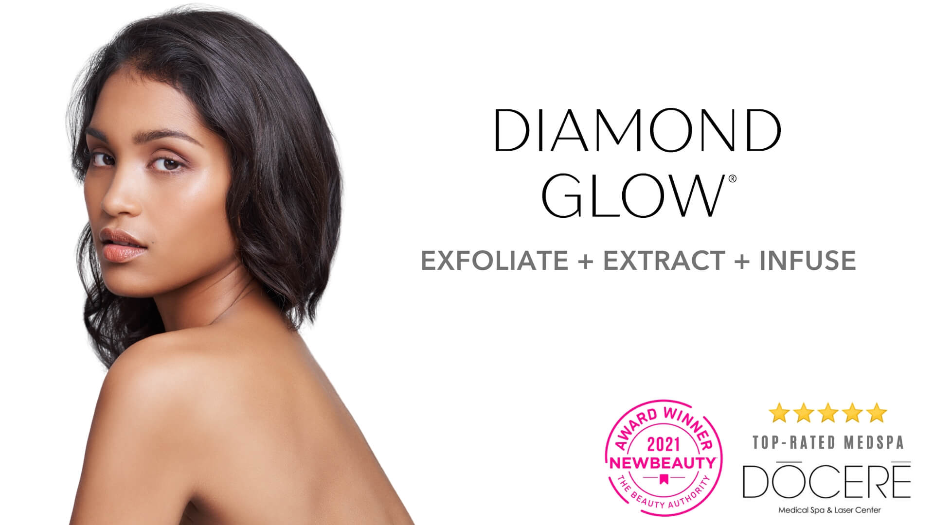 Beautiful woman with clear, glowing skin models benefits of Diamond Glow facial in Strongsville, Ohio.