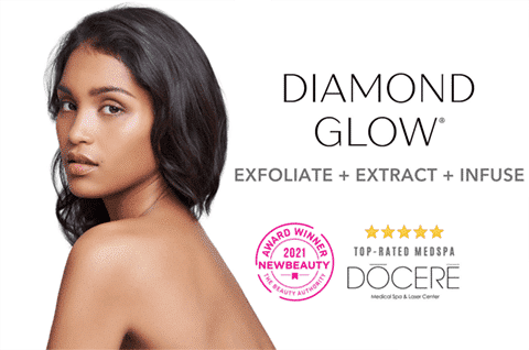 Beautiful woman with clear, glowing skin models benefits of Diamond Glow facial in Strongsville, Ohio.