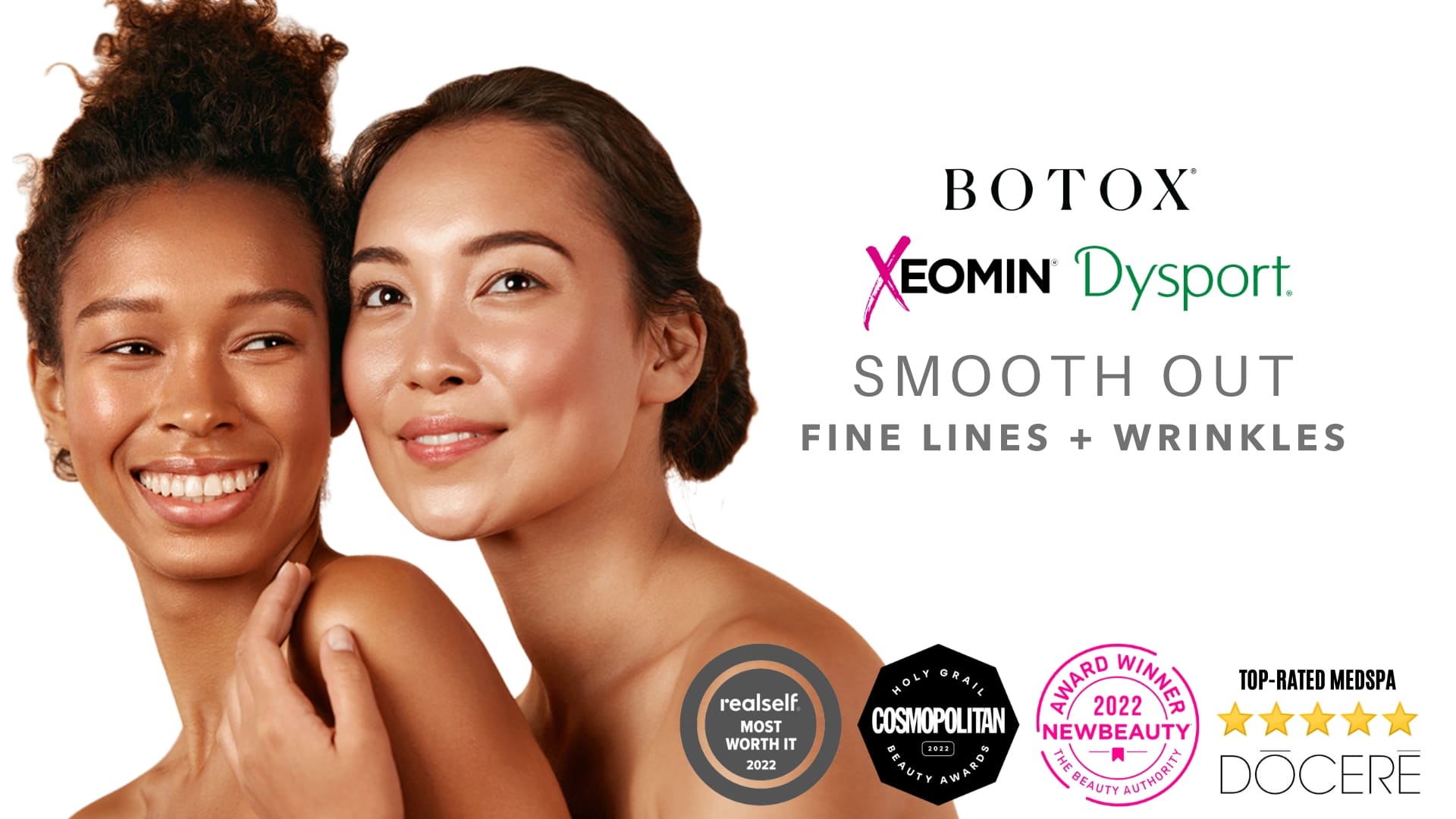 Women smiling and looking youthful as a result of their cosmetic injectables like botox, dysport, xeomin.