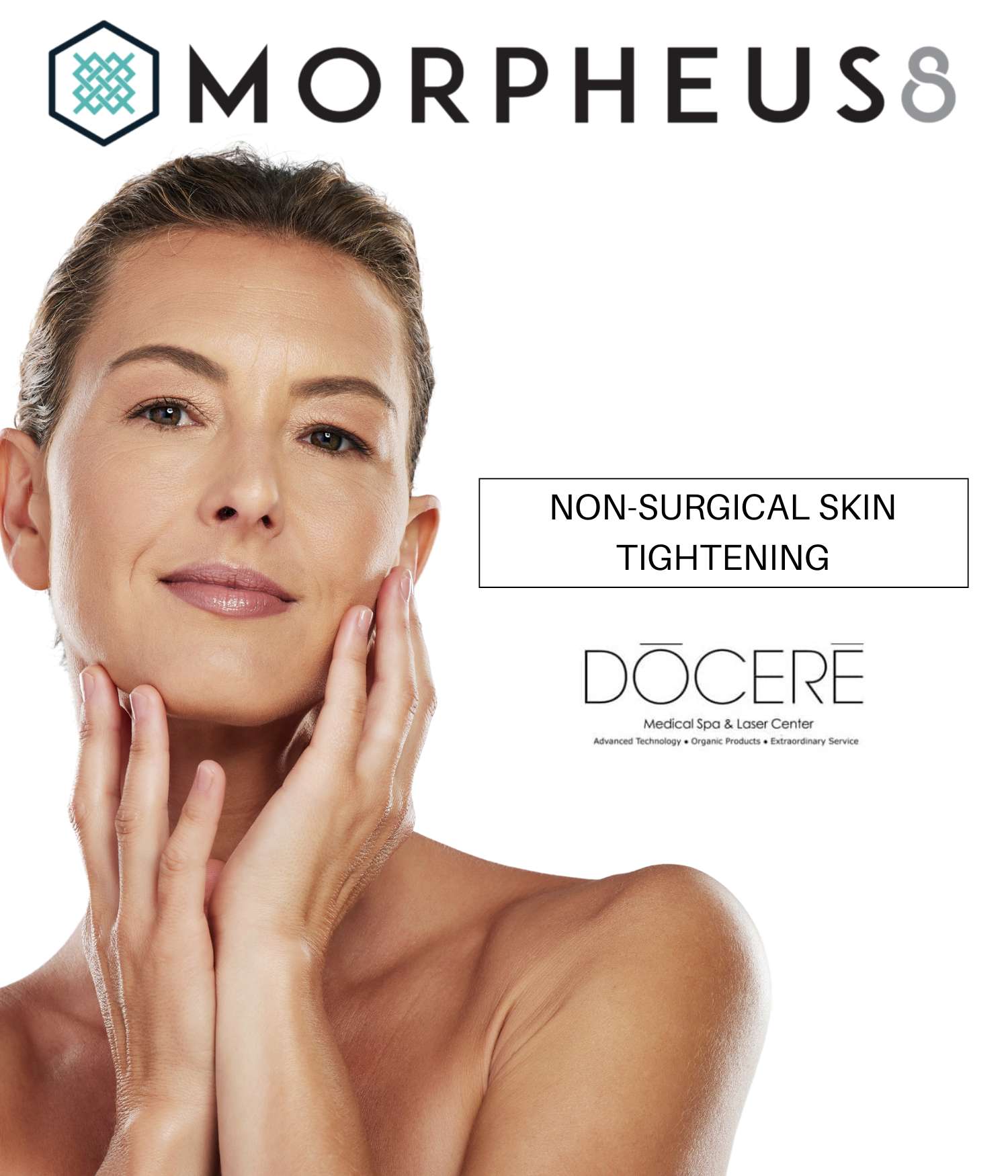 Mature woman with flawless skin promoting Morpheus8 treatment offered at Dōcerē Medical Spa in Strongsville, OH