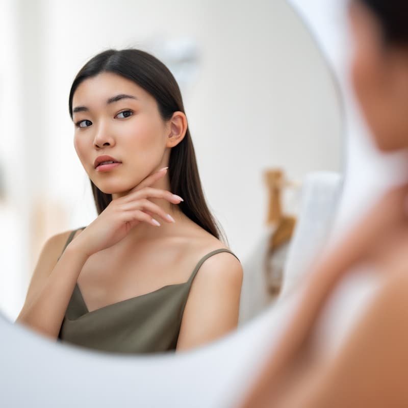 someone looking at the side of their face in the mirror