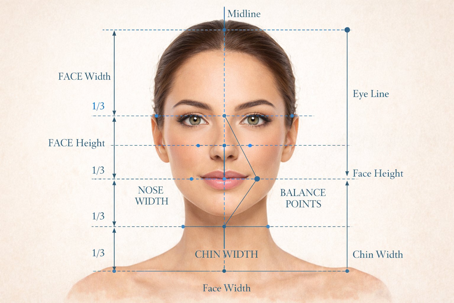 Front-facing illustration of a woman’s face with overlay lines and markers showing facial proportions, symmetry, midline alignment, eye line, and balance points for width and height measurements.