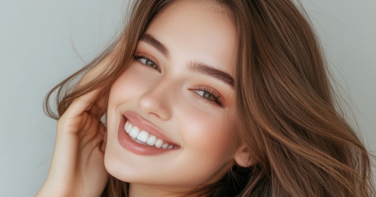 Smiling woman with even, harmonious features, showing natural beauty.
