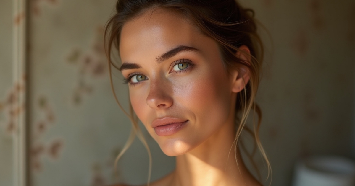 Close-up portrait of a young woman with clear glowing skin and soft natural makeup, looking toward the camera in warm indoor lighting with a blurred neutral background.