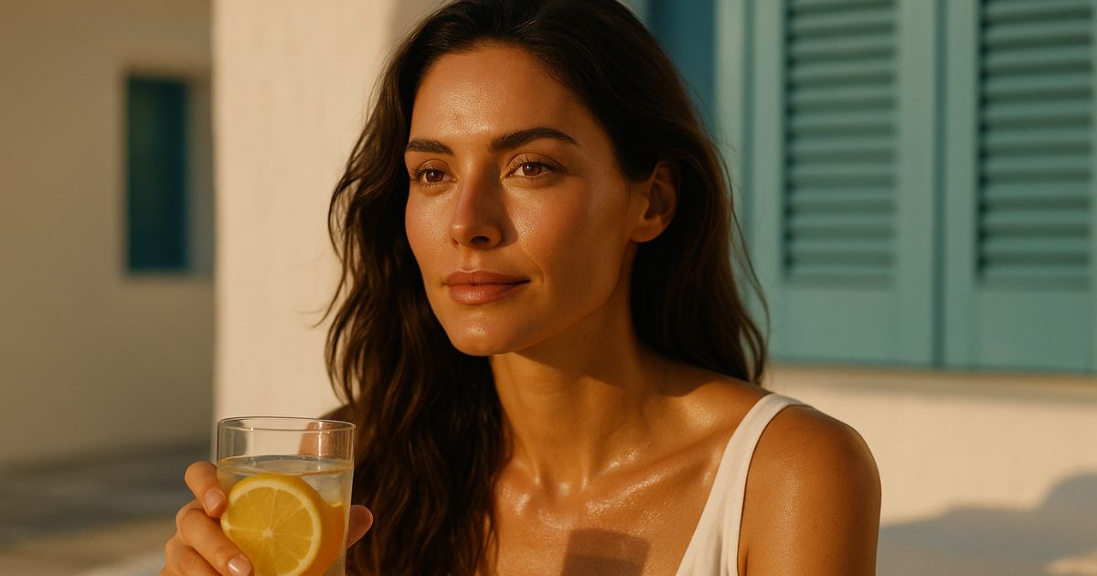 Woman enjoying a glass of lemon water in warm sunlight with a calm, refreshed expression.